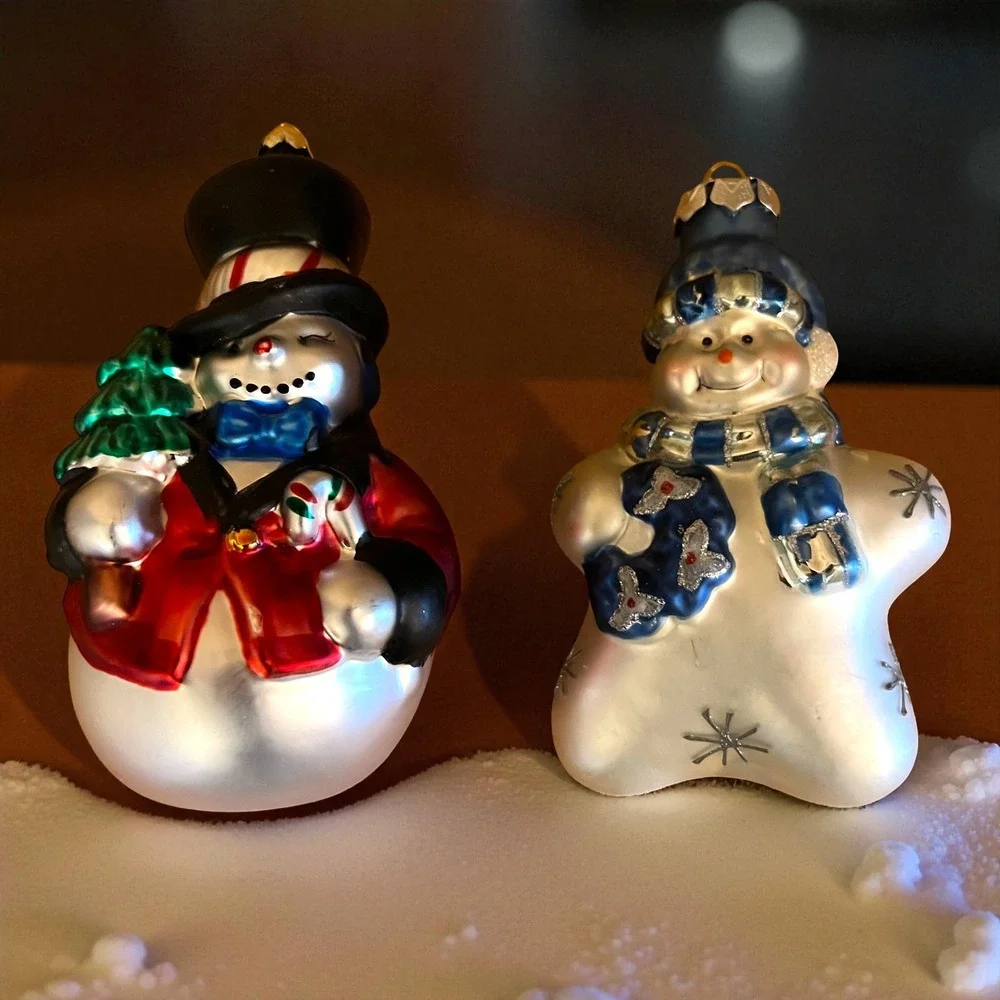Vintage Snowman Christmas Ornaments Hand Blown Painted Glass Holiday Lot Of 2